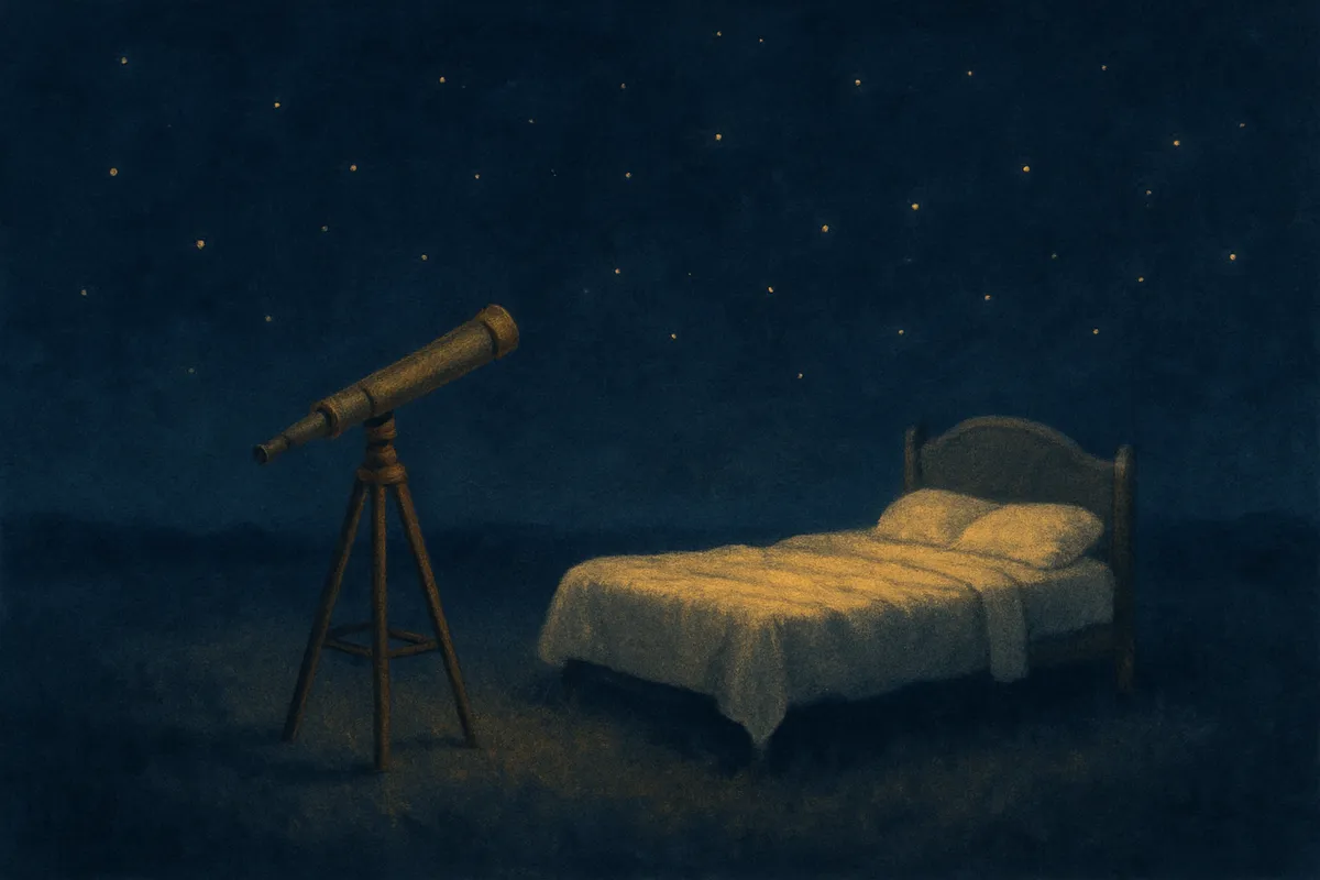 A painted scene of an antique telescope aimed at an empty bed beneath a starry sky