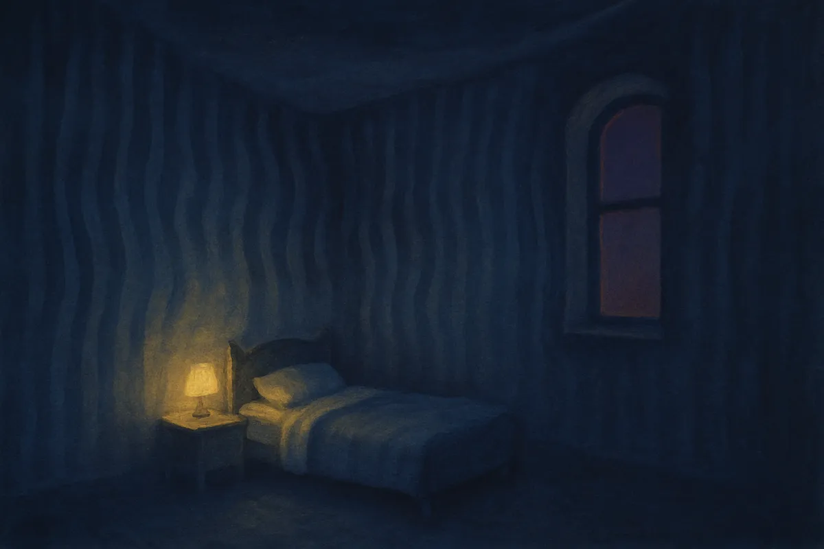 A painted scene of a bed adrift in a narrow room whose striped wallpaper ripples upward like heat haze