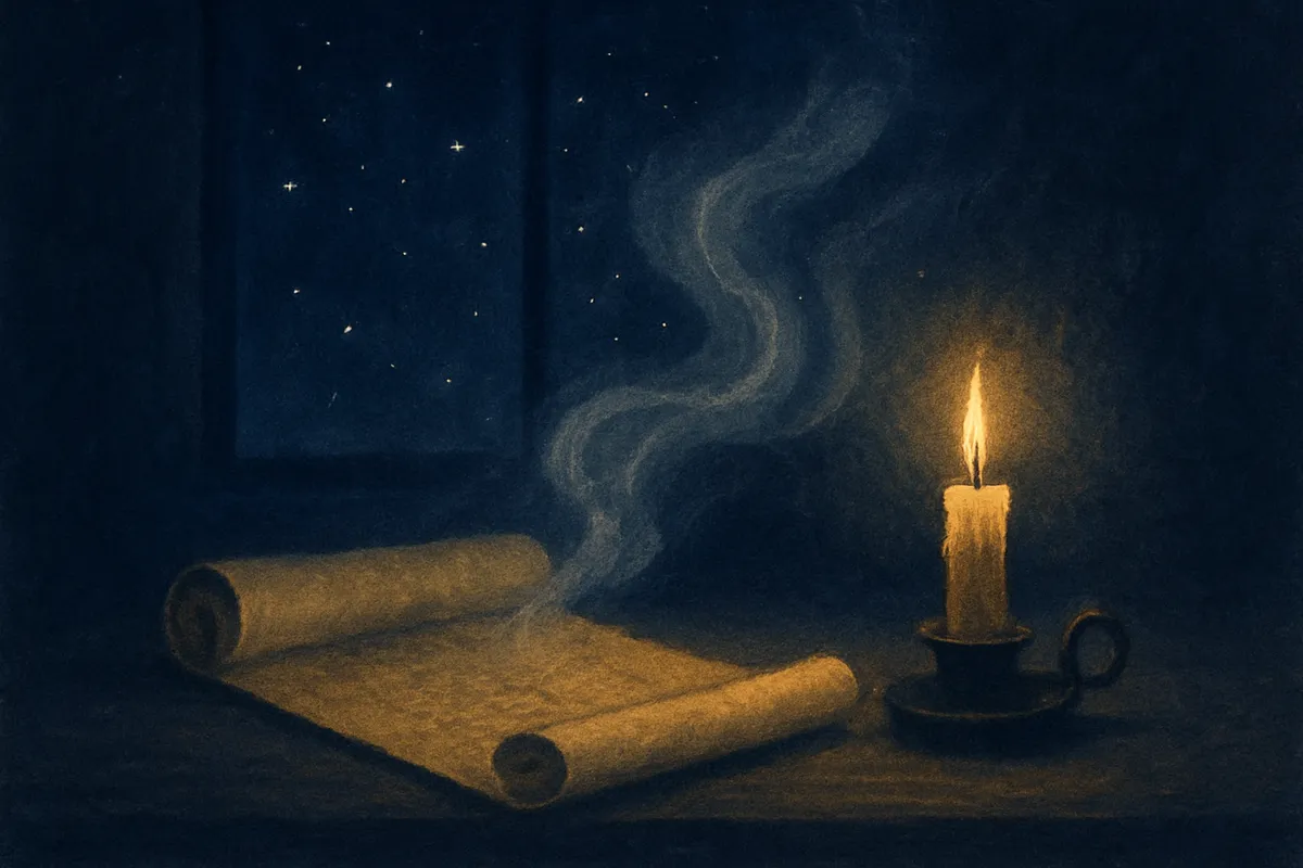 A painted scene of an ancient open scroll on a wooden table by candlelight, faint dream-mist rising from the parchment toward a starry window