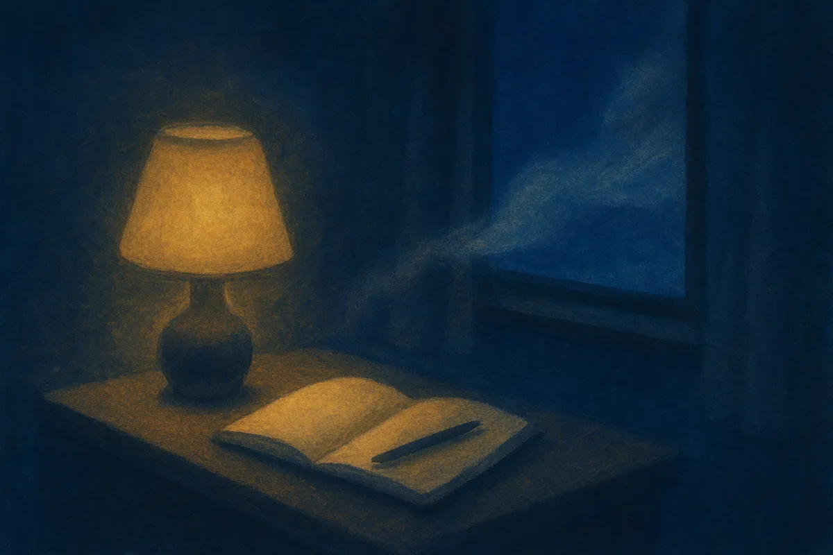 A painted dawn scene of a bedside table with a notebook as dream-mist escapes the window