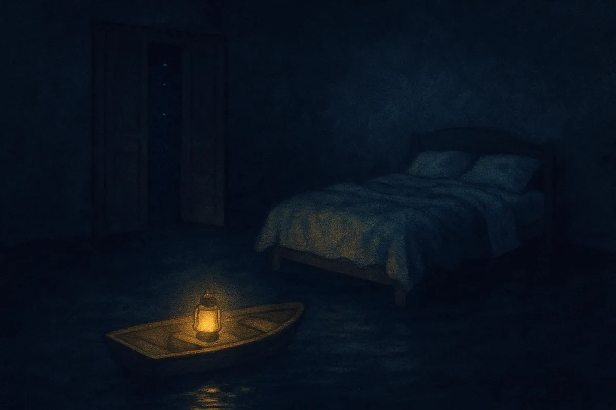 A painted scene of a small rowboat with a lit lantern drifting across a bedroom floor that has turned to calm dark water