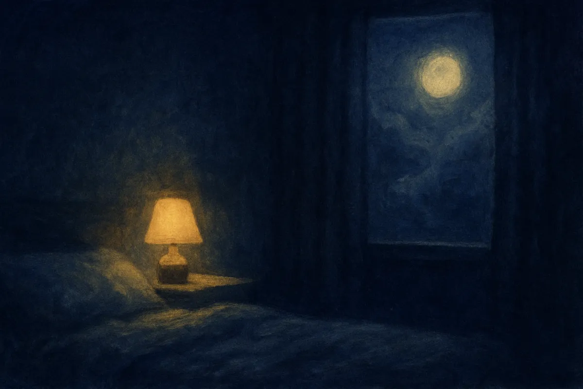 A painted scene of a small night-light glowing beside a bed while dark shapes dissolve into mist at the window's edge
