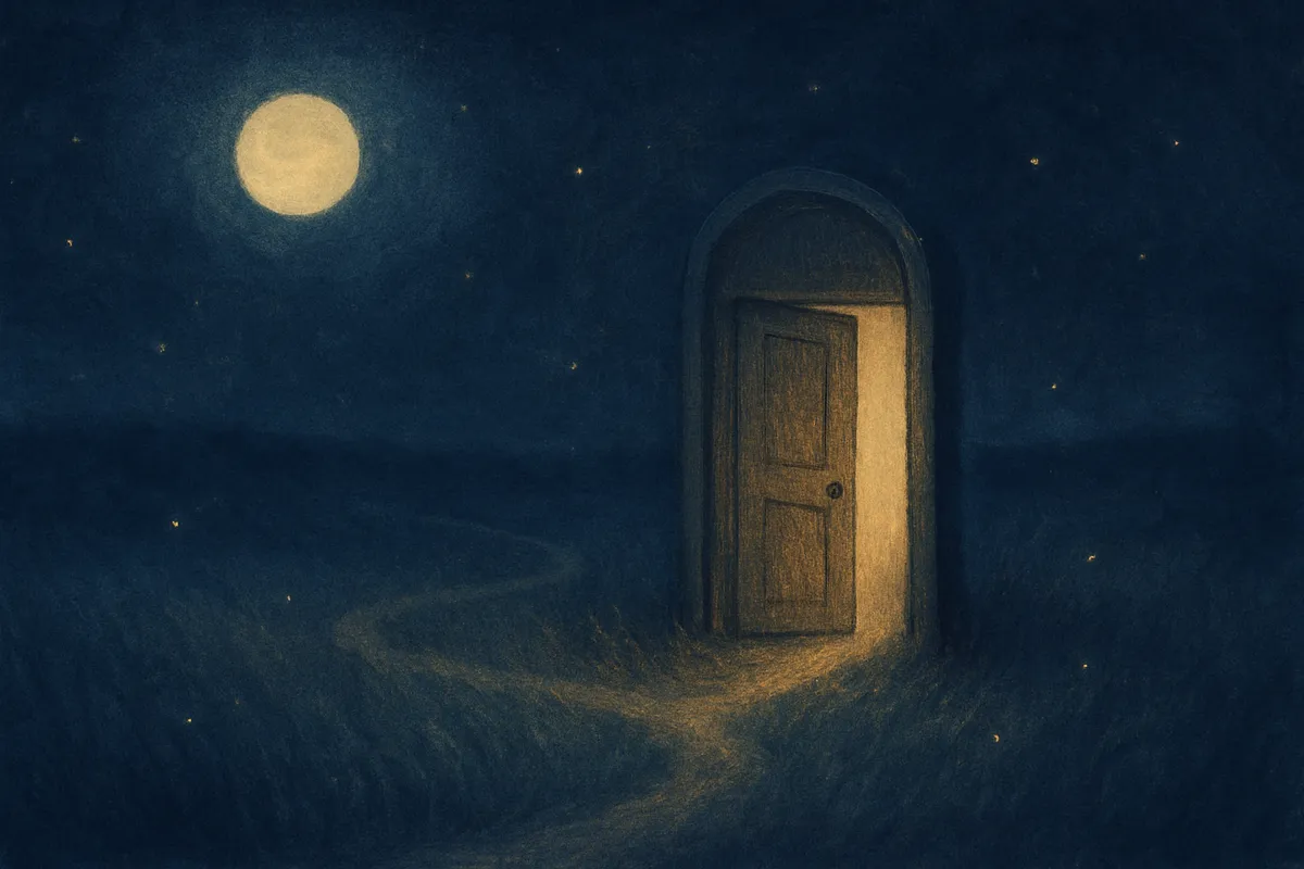 A painted scene of a lone wooden door ajar in a moonlit meadow, a worn footpath looping away and circling back to it