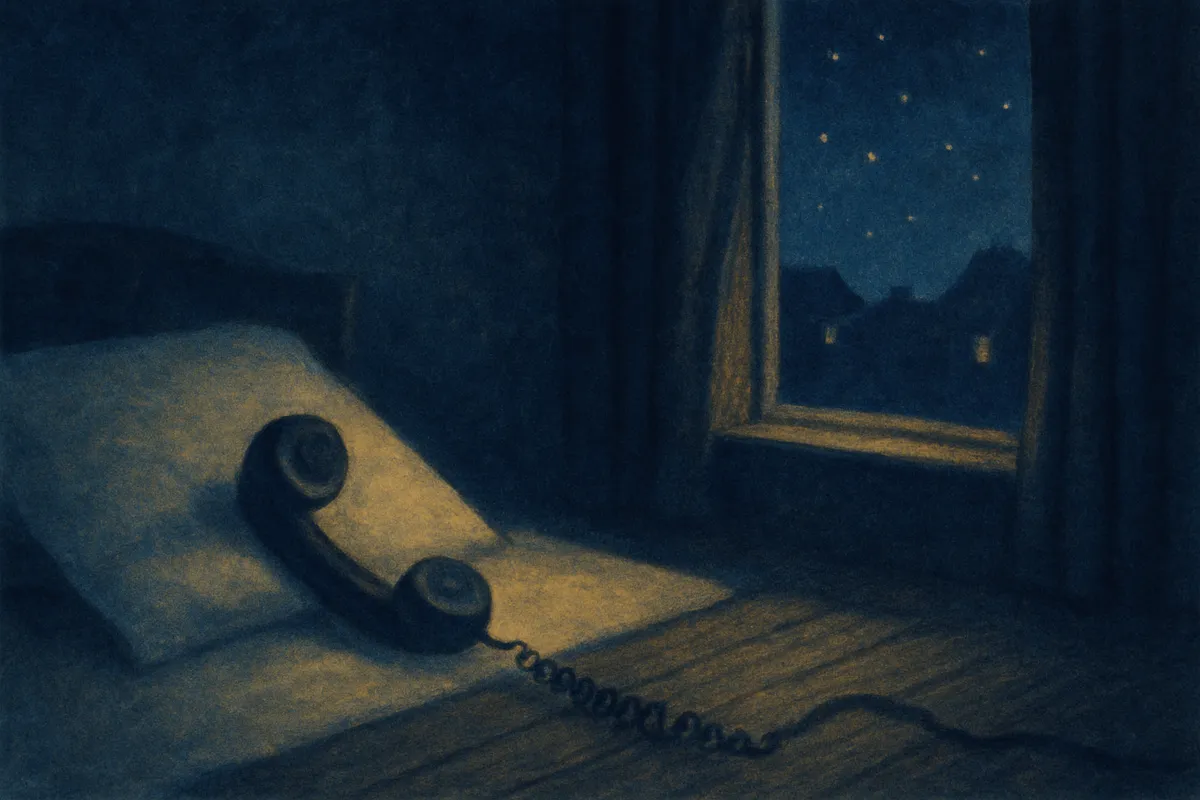 A painted scene of an old telephone receiver resting on a moonlit pillow, its cord trailing out the window into the night sky
