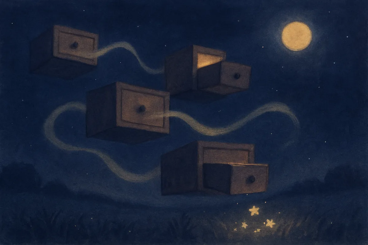 A painted scene of wooden drawers floating open above a moonlit field, ribbons of soft light drifting between them