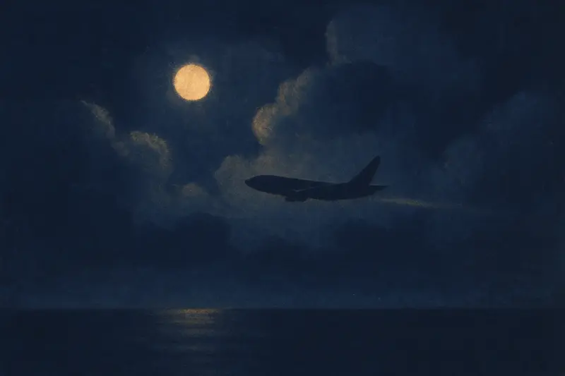 Un aereo che cade in sogno — un aereo che scende tra nubi temporalesche illuminate dalla luna sopra un mare scuro