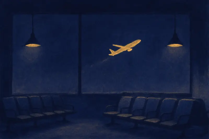 Atrasado para o voo no sonho — um portão de embarque vazio à noite enquanto um avião decola