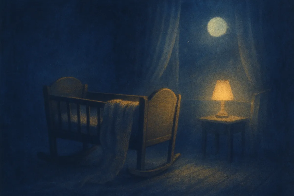 A painted dream scene of a wooden cradle in a moonlit nursery, warm lamplight glowing beside it