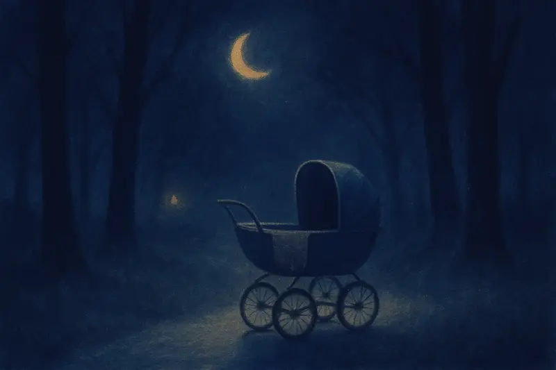 Perder a un bebé en sueños — un cochecito vacío solo en un sendero del parque bajo la luna