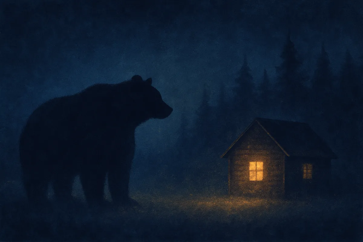 A painted dream scene of a massive bear standing calm at the edge of lamplight beside a cabin at night