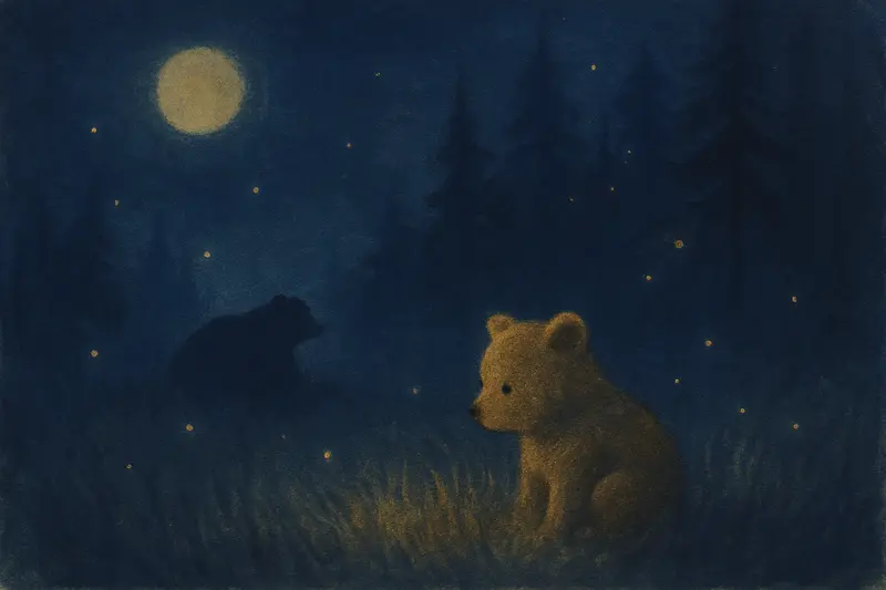 Un cucciolo di orso in sogno — un orsetto seduto nell’erba al chiaro di luna, la madre che riposa tra gli alberi