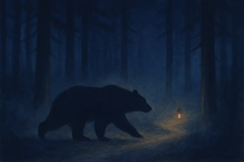 Un oso que te persigue en sueños — un oso que corre por un sendero del bosque a la luz de la luna hacia un farol lejano