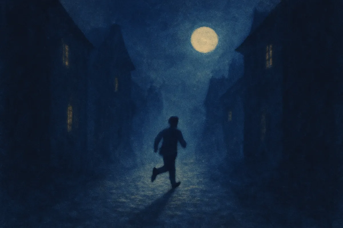 A painted dream scene of a distant figure running down a narrow moonlit street, a long shadow stretching over the cobblestones behind them