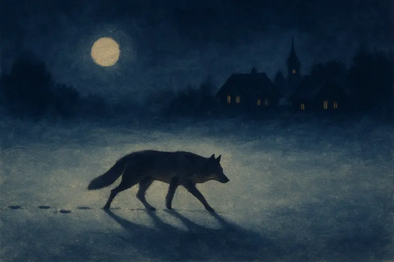 Perseguido por um animal no sonho — um lobo seguindo pegadas num campo nevado ao luar