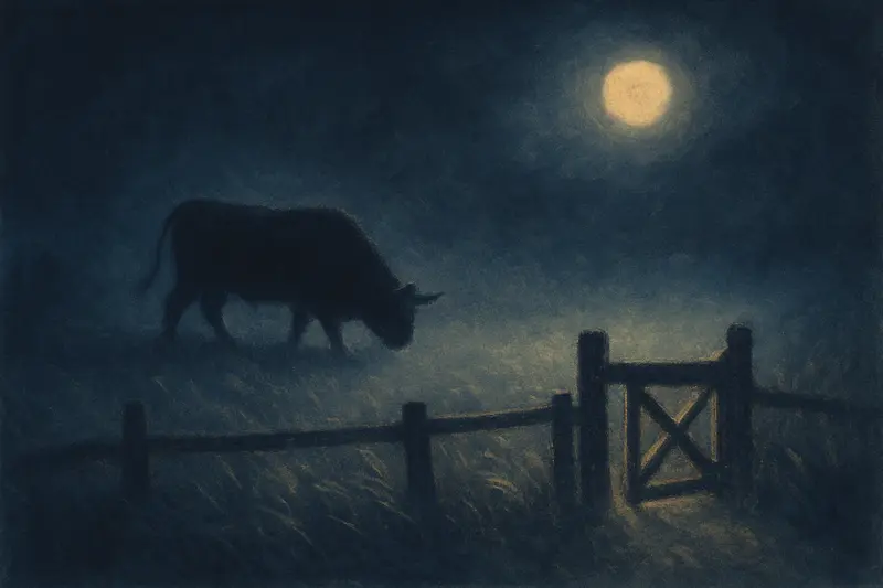 Te persigue un toro en sueños — un toro oscuro al fondo de un prado bajo la luna, tras una cerca abierta