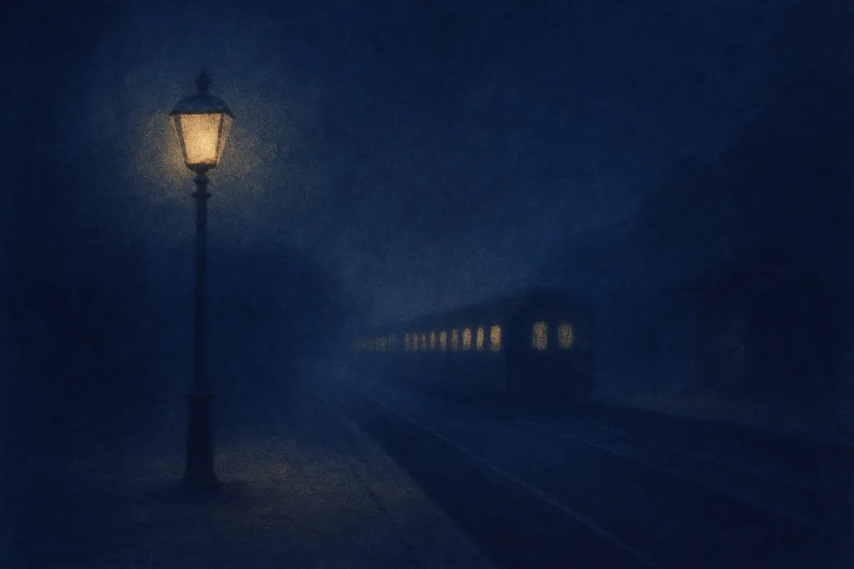 A painted dream scene of an empty night railway platform under one lit lamp, the light of the last carriage receding small down the line