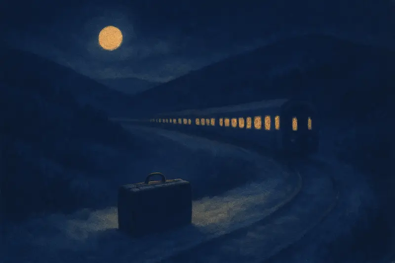 Perdere il treno in sogno — un treno notturno illuminato si allontana in una valle innevata, una valigia resta nella neve