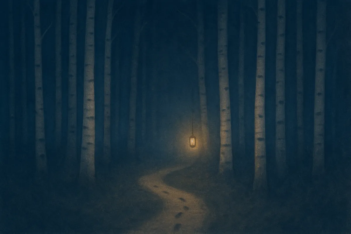 A painted dream scene of a forest path forking into mist at night, a faint lantern glowing between pale birch trunks