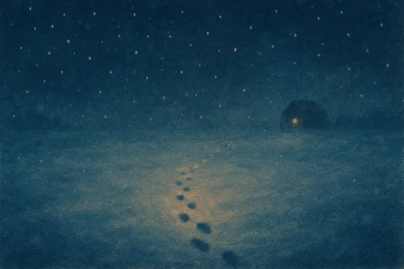 Lost in the snow in a dream — footprints wandering across a moonlit snowfield into haze
