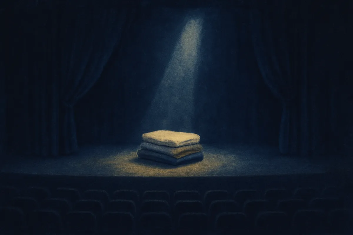 A painted dream scene of neatly folded clothes resting alone on a moonlit stage before rows of empty seats
