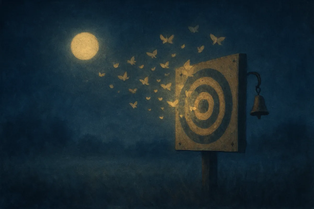 A painted nocturnal scene of a paper target dissolving into pale moths beside an unstruck bell in a moonlit field