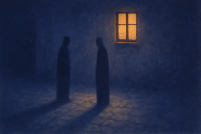 Von einem Bekannten angeschossen im Traum — zwei lange Schatten stehen sich an einer mondhellen Hofmauer gegenüber