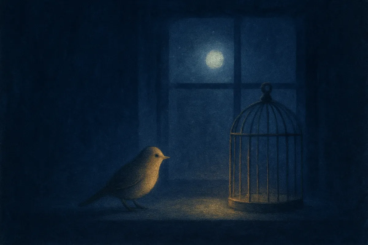 A painted dream scene of a small bird on a moonlit windowsill beside an open, empty birdcage