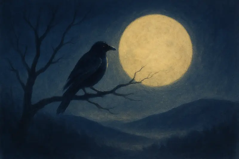 Un pájaro negro en sueños — un pájaro oscuro en una rama desnuda ante una luna enorme y pálida