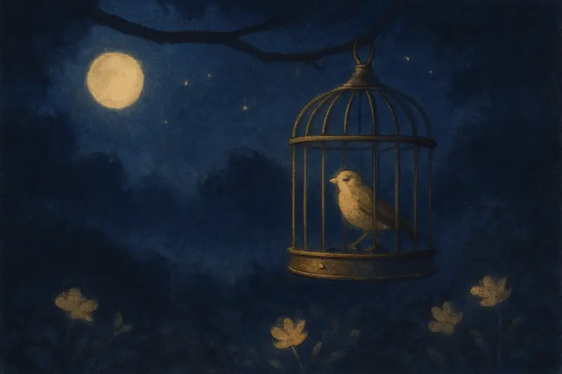 Un pájaro enjaulado en sueños — un pájaro cantor en una jaula de latón colgada en un jardín bajo la luna