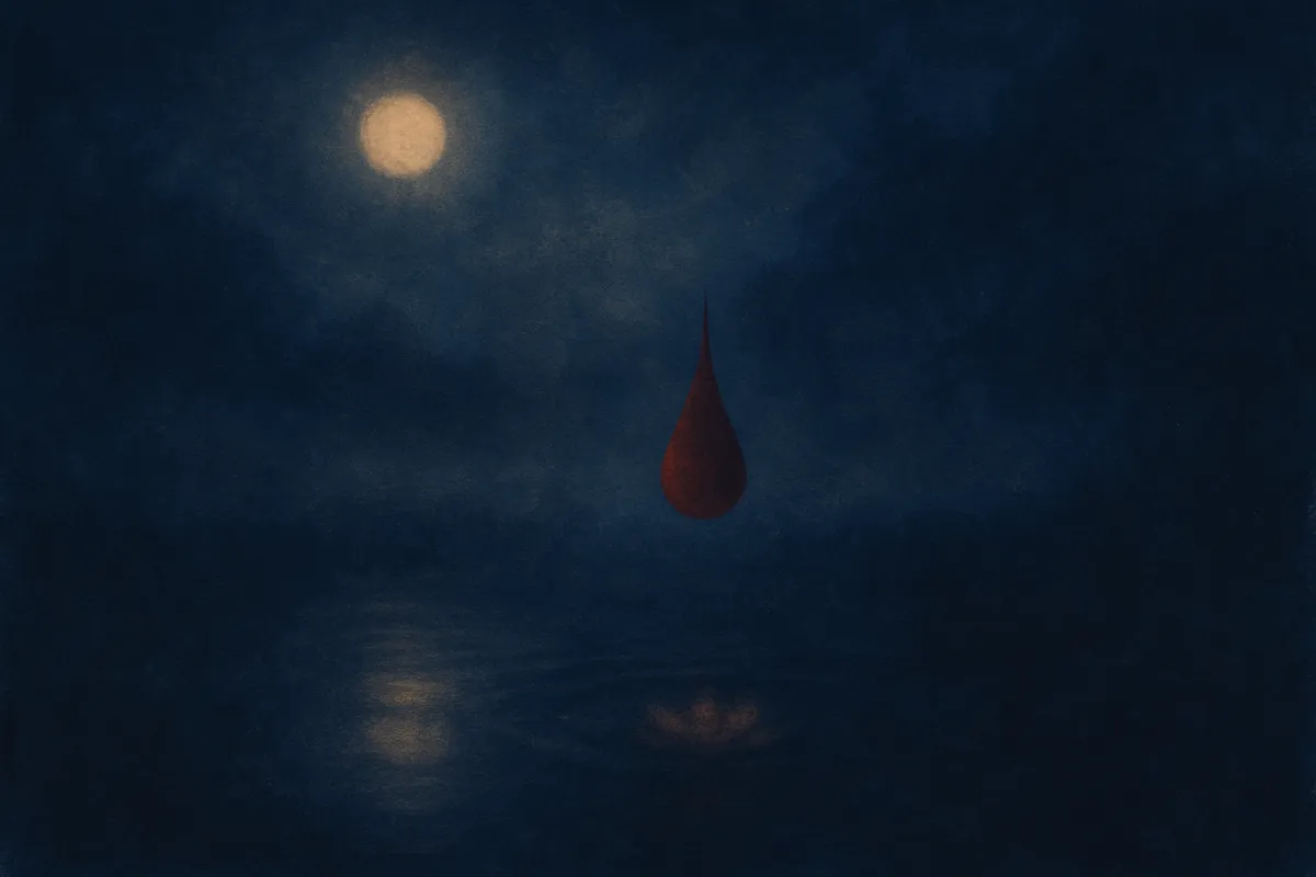 A painted dream scene of a single drop of deep red falling toward still, dark water at night
