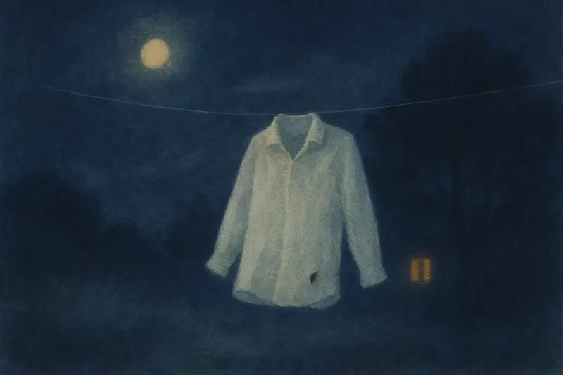 Sangue sui vestiti in sogno — una camicia bianca stesa al chiaro di luna con una piccola macchia rosso scuro