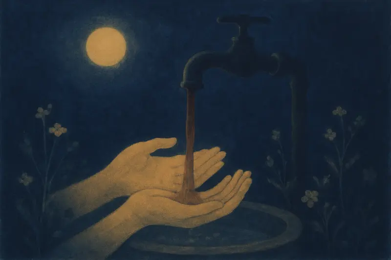 Sangue sulle mani in sogno — mani aperte sotto un rubinetto in giardino, il rosso scuro scivola via nell’acqua al chiaro di luna