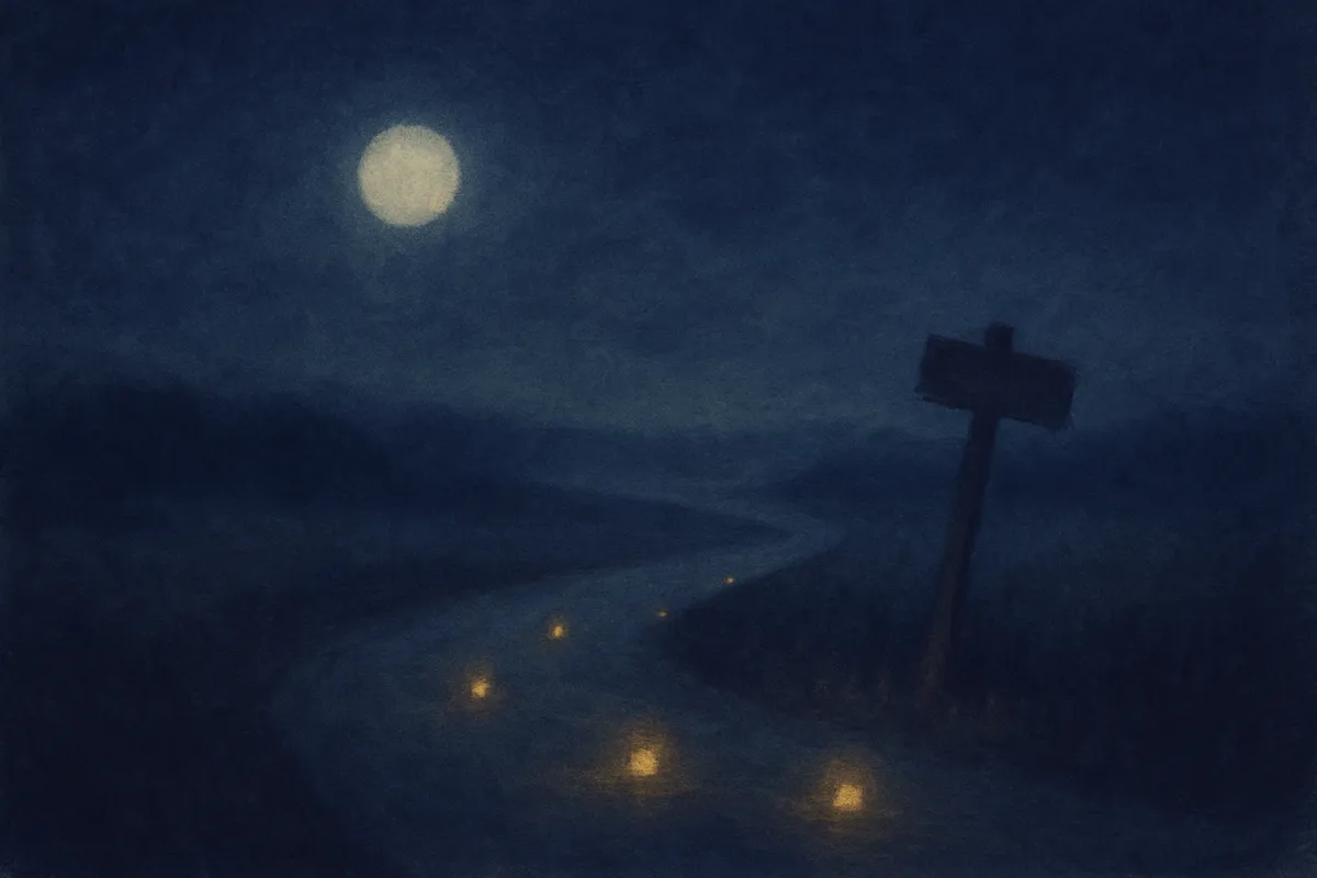 A painted nocturnal scene of a long empty road curving through dark fields, small scattered lights glowing on the asphalt, low mist under a pale moon