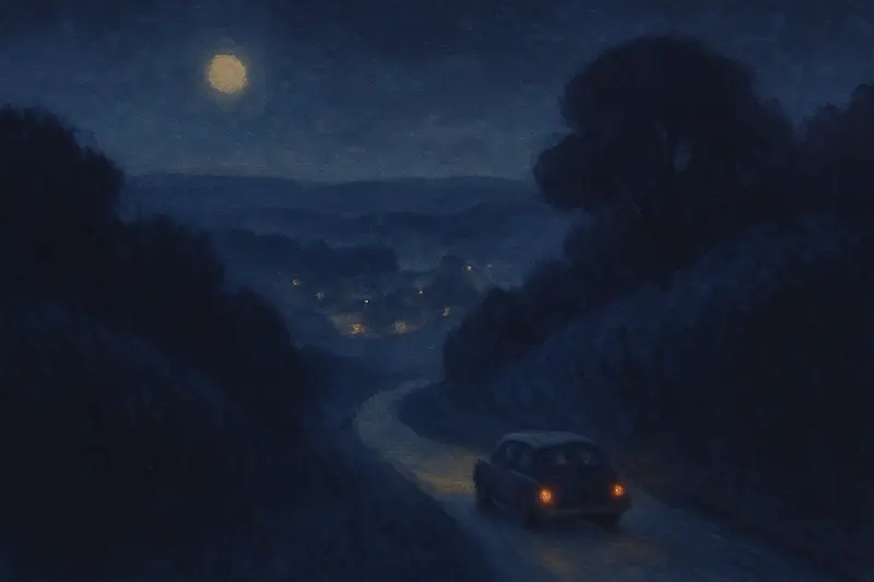 Brakes failing in a dream — a small car rolling down a steep night road toward a village far below