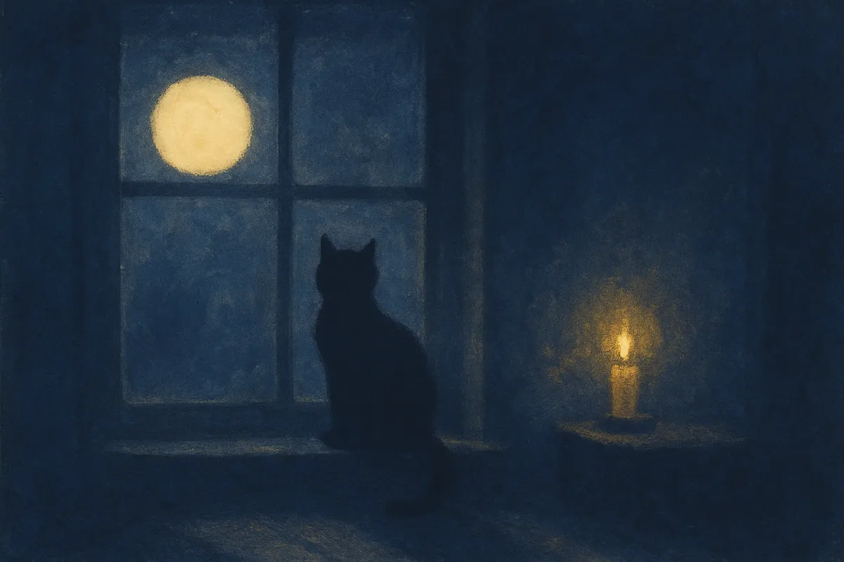 A painted dream scene of a cat silhouetted on a moonlit windowsill in a dark quiet room