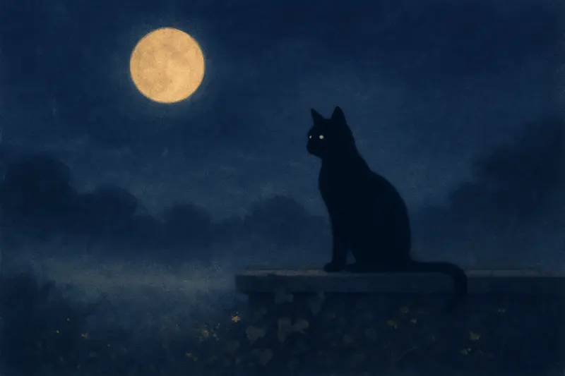 Un gato negro en sueños — un gato negro sobre un muro del jardín bajo la luna llena