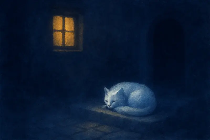 Un gato blanco en sueños — un gato blanco acurrucado en un escalón de piedra bajo la luna