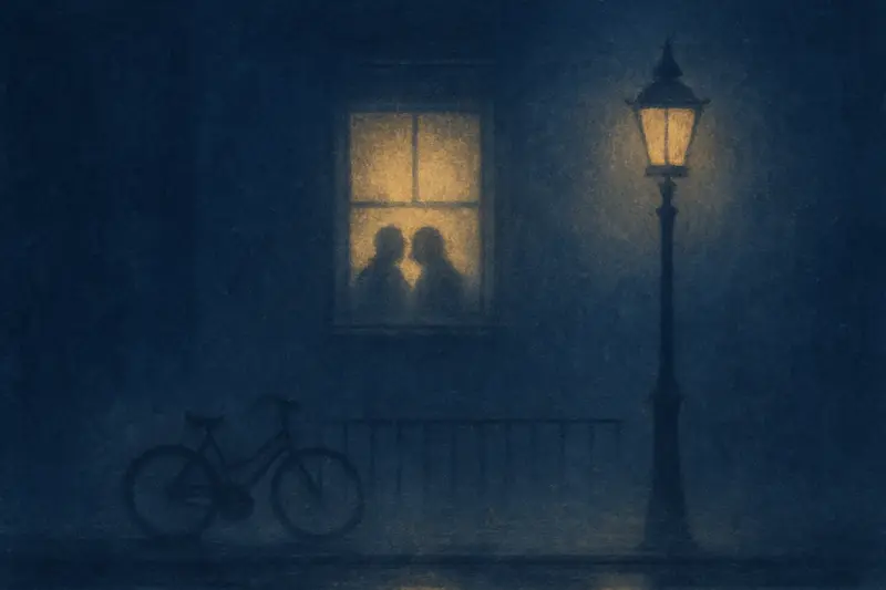 Tradimento con un amico in sogno — due sagome dietro una finestra illuminata viste da una strada buia