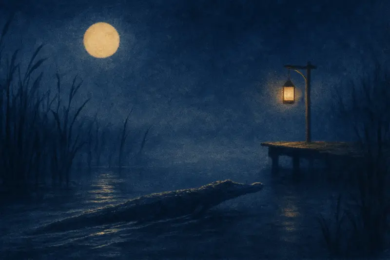 Un coccodrillo che ti insegue in sogno — un coccodrillo che scivola tra le canne al chiaro di luna verso un pontile