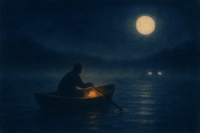 Escapar de un cocodrilo en sueños — una barca que se aleja mientras dos ojos miran desde el río bajo la luna