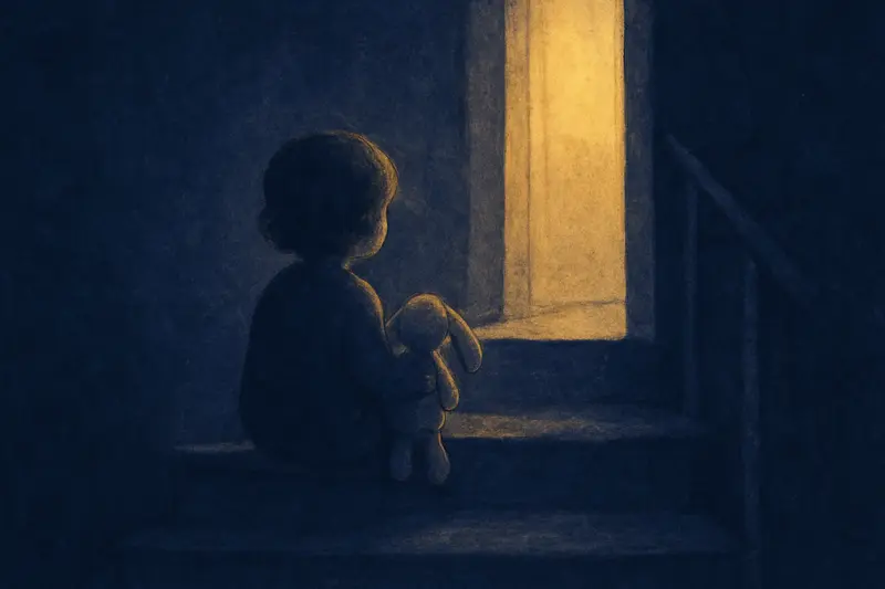 Uma criança chorando — uma criança pequena de costas no último degrau da escada, segurando um coelho de pano, na luz de uma porta aberta