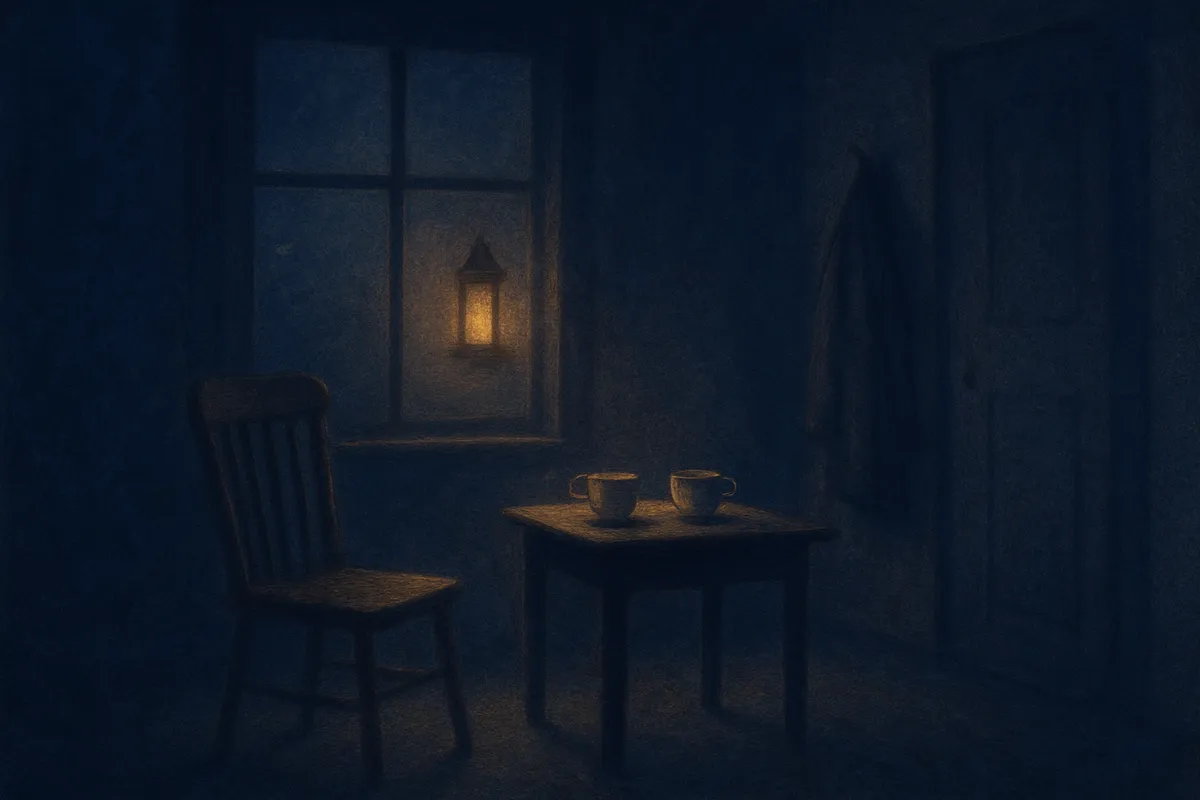 A painted nocturnal scene of an empty chair beside a lamplit window, two teacups set out on a small table, a coat still on its hook