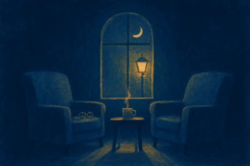 Parlare con un defunto — due poltrone una di fronte all'altra accanto a una finestra illuminata, con una tazza fumante in mezzo