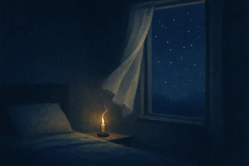 Tu propia muerte — una cama vacía junto a una ventana abierta, una cortina blanca que se alza hacia las estrellas