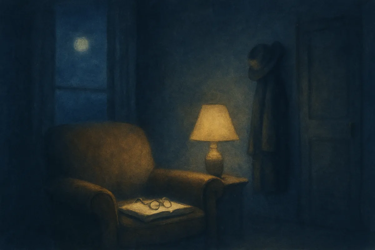 A painted nocturnal scene of a worn armchair under a warm lamp, reading glasses folded on an open book, a man's coat and hat on a hook by the door