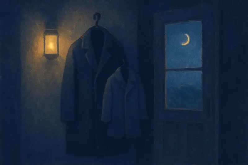 Hugging your late father — a large and a small coat hanging together, one sleeve tucked into the other