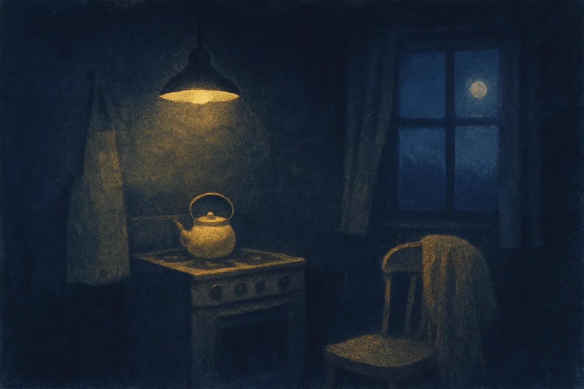 A painted nocturnal scene of a kitchen with a kettle on the stove, an apron on a hook, a knitted shawl over the back of an empty chair in lamplight