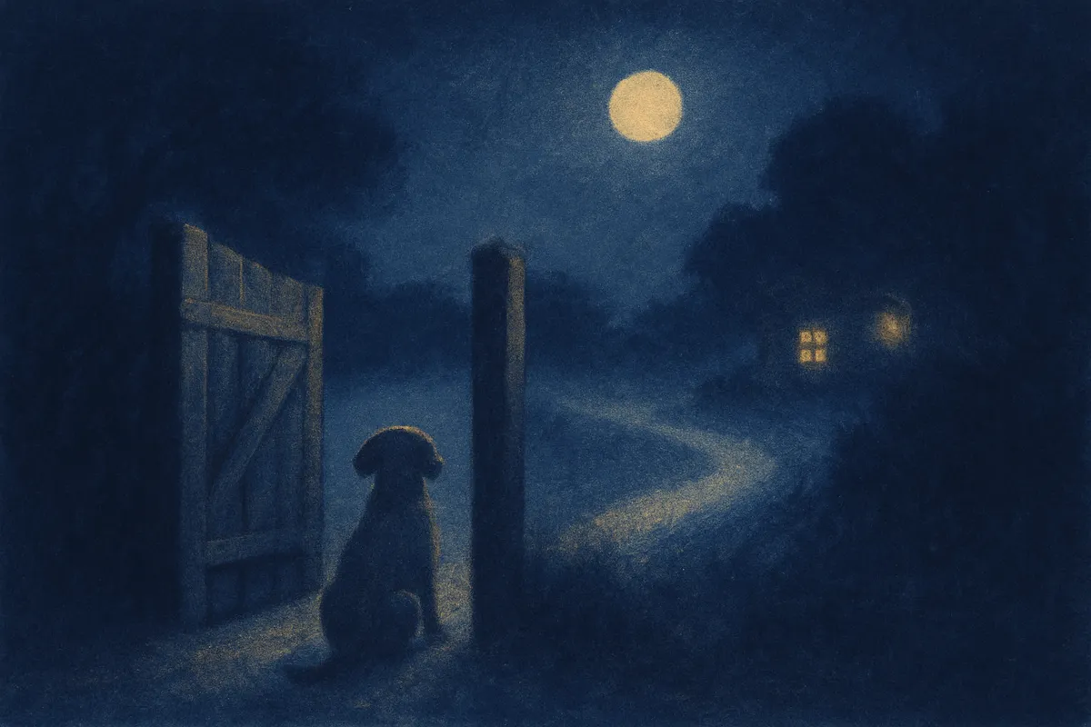 A painted dream scene of a dog waiting at an open garden gate under moonlight, seen from behind