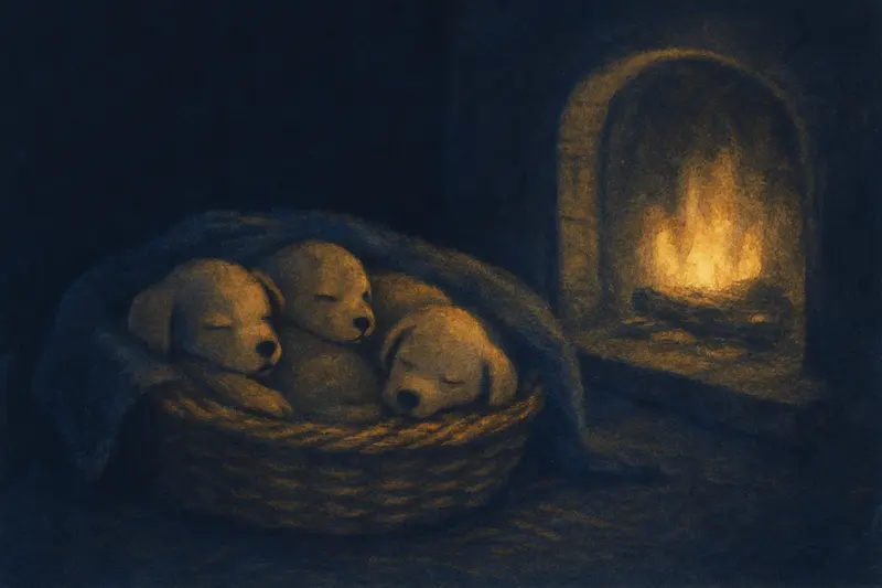 Cachorros de perro — tres cachorritos dormidos en una cesta de paja junto al fuego