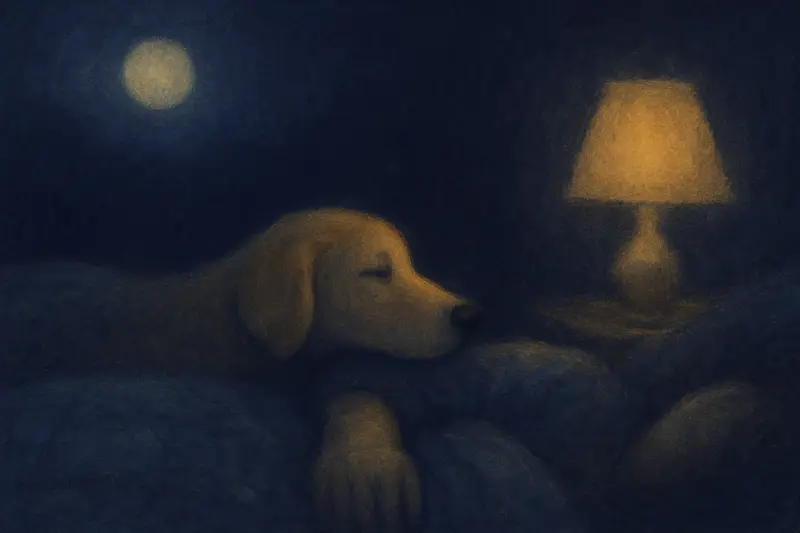 Köpek ısırması — ay ışığındaki yorganın üstünde bir kola dayanan köpek burnu, kumaşta iki küçük gümüş ışık izi